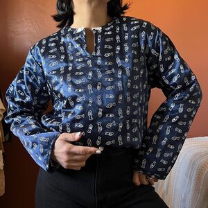 quilted fish print long sleeve blouse blue and white small medium Undercover